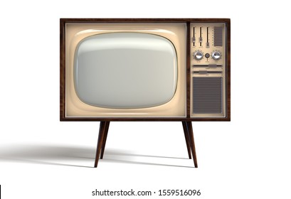 A Concept Vintage Tv From The Seventies Made Of Plastic Chrome And Wood On An Isolated White Studio Background - 3D Render