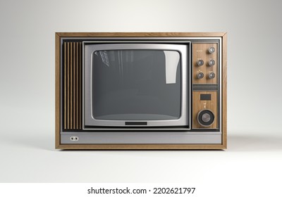 A Concept Vintage Tv From The Seventies Made Of Plastic Chrome And Wood On An Isolated White Studio Background - 3D Render