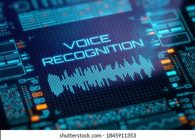 Concept of voice recognition, speech detect, virtual assistant and deep learning. Soundwave icon on digital lcd display with reflection. 3D rendering. - Powered by Shutterstock