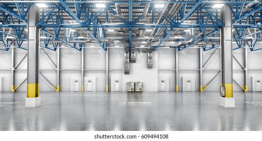Concept of warehouse. The cardboard boxes on the big warehouse background. 3d illustration