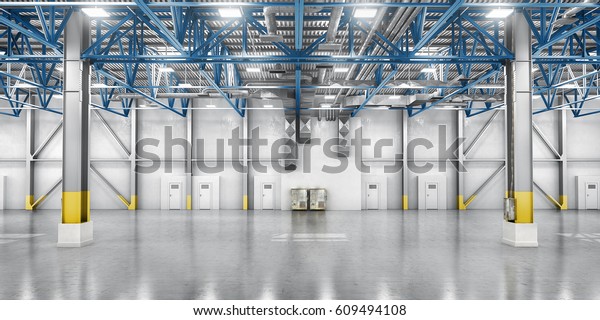 倉庫のコンセプト 大きな倉庫の背景に段ボール箱 3dイラスト の