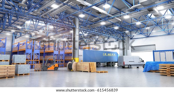 倉庫のコンセプト ぼかした背景に大きな倉庫のフォークリフト 3d
