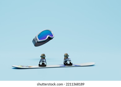 The Concept Of Winter Sports. Snowboard And Protective Mask On A Blue Background. 3D Render.