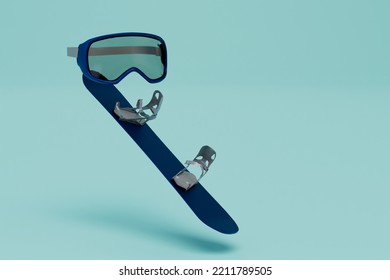 The Concept Of Winter Sports. Snowboard And Protective Mask On A Turquoise Background. 3D Render.