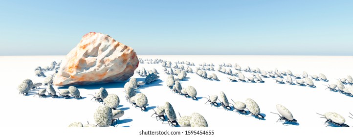 concept work, team of ants moving stones 3d illustration