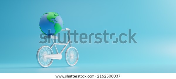 Concept of world bicycle day and car free day,\
healthy lifestyle, cycling and sports activity in nature, green\
bicycle and world. Environment preserve, background geometric\
shape, 3d\
rendering