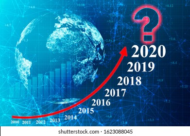 The Concept Of World Economic Growth In The Last Decade And Forecast Uncertainty. Global Trade And Cooperation, Infographics On The Background Of An Abstract Planet.