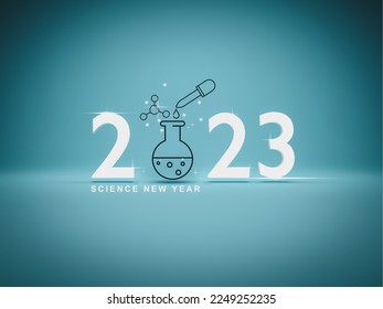 The conception of the science experiment icon and the number year 2023. Focus on the project work plan, goals, and strategy for developing science and technology, and pharmacology. 3D illustration.