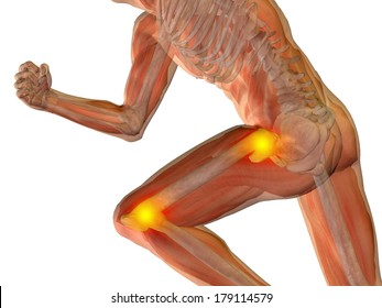 Conceptual 3D human man anatomy or health design, joint or articular pain, ache injury isolated on white background, for medical, fitness, medicine, bone, care, hurt, osteoporosis, arthritis or body