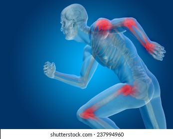 Conceptual 3D Human Man Anatomy Or Health Design, Joint Or Articular Pain, Ache Or Injury On Blue Background, For Medical, Fitness, Medicine, Bone, Care, Hurt, Osteoporosis, Painful, Arthritis Or Body