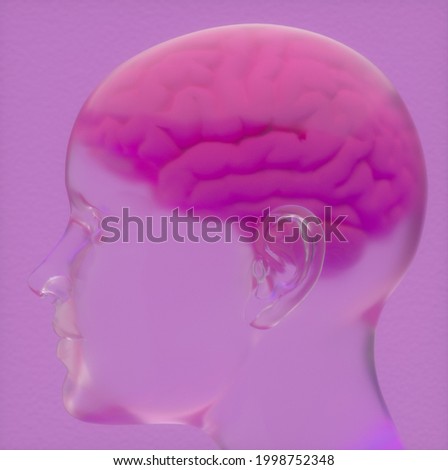 Conceptual 3D illustration of artificial intelligence. Robot head made of transparent material with a brain.