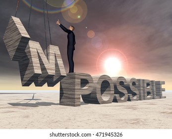 Conceptual 3D illustration of business man standing over stone impossible text on sunset sky background for success, career, work, job, achievement, development, growth, progress, vision, possible - Shutterstock ID 471945326