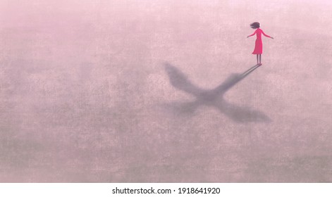 Conceptual 3d Illustration, Freedom Dream Life And Hope Concept, Imagination Artwork ,Woman With Flying Bird Shadow , Painting Art