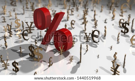 Conceptual 3D illustration rendering of global loan interest rate inflation of financial investment relating to monetary policy of quantitative easing and the money supply by a central reserve bank