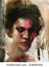 Conceptual Abstract Portrait Oil Painting. Modern Expressionistic Artwork. Dark