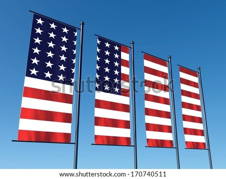 Conceptual American flag split into several flags on blue sky