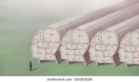 Conceptual Art Of Brain, Secret,  Choice And Psychology. Surreal Artwork Of Human Head Drawers. 3d Illustration. Concept Idea Of Mind And Soul. Mystery Painting.