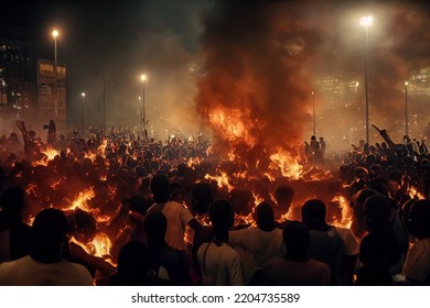 Conceptual Art Featuring Riots In Africa With Protestors Burning And Destroying The Streets. Mob Violence With Silhouettes, Anarchy And Destruction In A Civil Commotion Wallpaper Background.