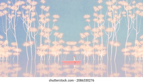 Conceptual art, Surreal illustration. Lonely woman in fantasy nature, hope dream alone and loneliness concept, imagination painting - Powered by Shutterstock