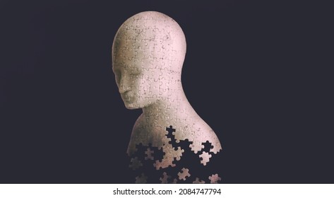 Conceptual Artwork, Head Of Jigsaw Puzzle, Brain Mind Soul And Psychology Concept Art, Surreal Painting Illustration