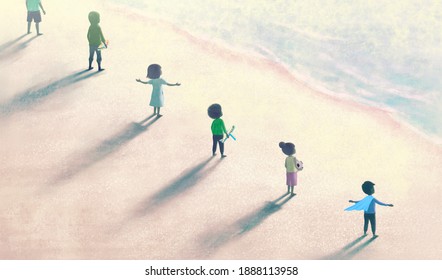 	
Conceptual Artwork, Imagination Dream Life And Hope Of Children, Group Of Boys And Girls With The Sea, 3d Illustration, Surreal Art