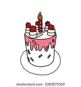 Conceptual Birthday Cake and Cherries Topping   Red Candle On Top  Cake pop art style hand drawn  Comic book style imitation  Vintage retro style  