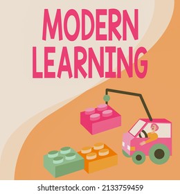 Conceptual Caption Modern Learning. Business Approach Flexible And Agile Setup Innovative Learning Environments Man In Crane Moving Around Blocks Presenting New Ideas.