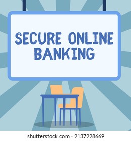 Conceptual caption Secure Online Banking. Concept meaning Safe way of managing accounts over the internet Blank Whiteboard With Laptop Placed On Top Of Table With Chair.