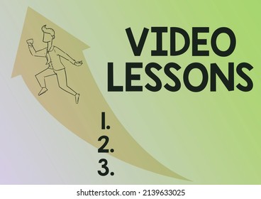 Conceptual Caption Video Lessons. Word For Video Lessons Illustration Of Happy Businessman Running Up With Arrow Got His Promotion.