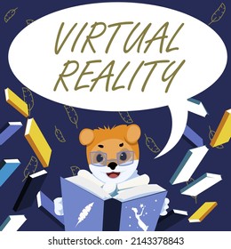 Conceptual Caption Virtual Reality. Conceptual Photo Virtual Reality Fox With Glasses Sitting In Library Reading A Book Studying.