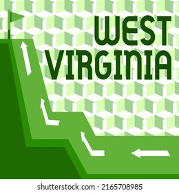 Conceptual Caption West Virginia. Business Showcase United States Of America State Travel Tourism Trip Historical Mountain Range Drawing With Road Leading To Raised Flag At The Top.