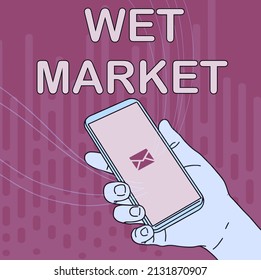 Conceptual caption Wet Market. Concept meaning market selling fresh meat fish produce and other perishable goods Hand Holding Mobile Device With Blank Screen Showing New Technology. - Powered by Shutterstock