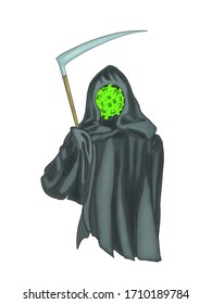 Conceptual COVID-19 Symbol: A Grim Reaper With Corona Virus Bacteria As A Head.