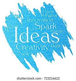 Conceptual Creative Idea Brainstorming Paint Brush Word Cloud Isolated Background. Collage Of Spark Creativity Original, Innovation Vision, Think, Achievement Or Smart Genius Concept
