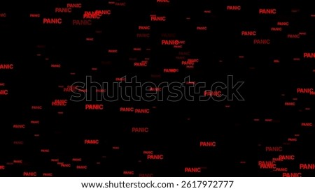 Conceptual design showing red panic words scattered across a black background in random sizes and layout, evoking mental instability and chaos