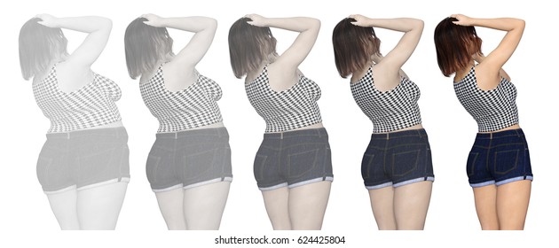 Conceptual Dieting Fat Or Overweight Obese Female Vs Slim Fit With Muscles On Healthy Diet Young Woman Body In Shape After Fitness Isolated On White Background. Weight Loss Or Health 3D Illustration