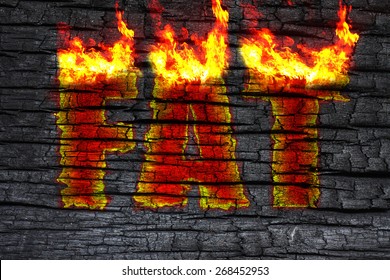 Conceptual Digital Art Words. Burn Fat, To Show Dieting, Weight Loss. With Flame Text On A Burn Wood Background.