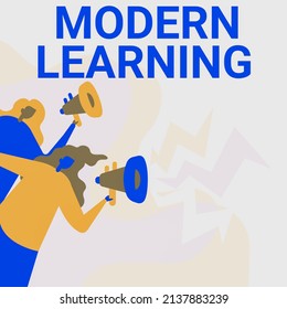 Conceptual Display Modern Learning. Business Concept Flexible And Agile Setup Innovative Learning Environments Women Drawing Holding Megaphones Making Announcement To The Public.