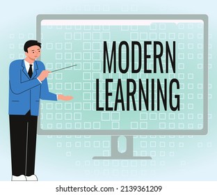 Conceptual Display Modern Learning. Business Approach Flexible And Agile Setup Innovative Learning Environments Businessman Standing Presenting Charts Wonderful Ideas On Computer Screen