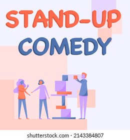 Conceptual Display Stand Up Comedy. Business Approach Comedian Performing Speaking In Front Of Live Audience Three Colleagues Standing Helping Each Other With Building Blocks.