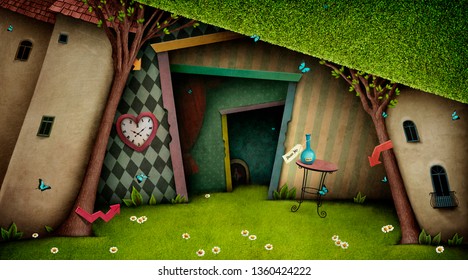 Conceptual Fantasy Bright Background On The Fairy Tale Wonderland With  Magic Door And Tree. 