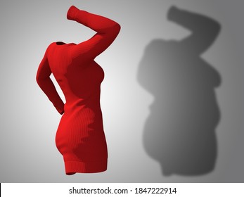 Conceptual fat overweight obese shadow female sweater dress vs slim fit healthy body after weight loss or diet thin young woman on gray. A fitness, nutrition or obesity health shape 3D illustration