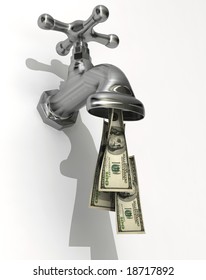 Conceptual Faucet Dripping Money - Rendered In 3d