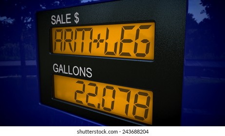 Conceptual gas pump display showing the price of an arm and a leg for gasoline.