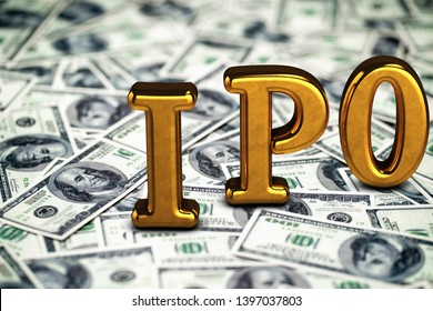 Conceptual golden abbreviation of IPO standing or lying on money dollars banknotes background. 3D Render