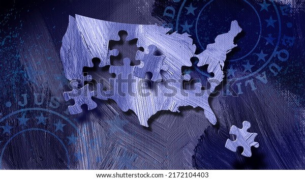 Conceptual graphic of American map with puzzle pieces\
coming loose against American flag backdrop. Represents nation\'s\
struggle to stay united through difficult times. For political,\
social themes.\
