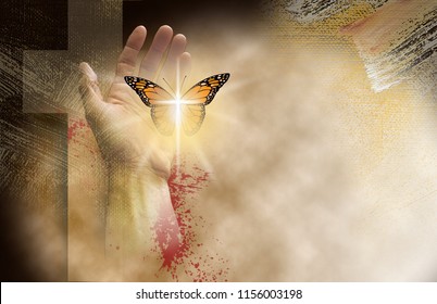 Conceptual graphic of the Christian cross of Jesus with hand setting a reborn butterfly free. Art symbolic of new spiritual life found in Christ's mercy and sacrifice for forgiveness of sins.