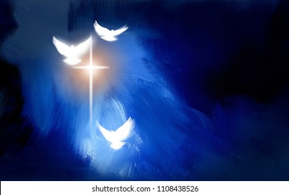 Conceptual graphic of glowing Christian cross with three white doves, symbolizing Jesus Christ's victorious sacrificial work of salvation. Art composed against abstract oil painted background.