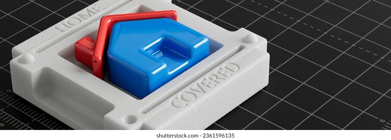 Conceptual home insurance with a house packaged in a safe polystyrene case protecting ir 3d render