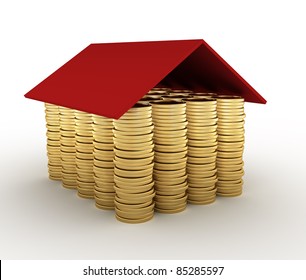 Conceptual house  made from coins. 3d render illustration